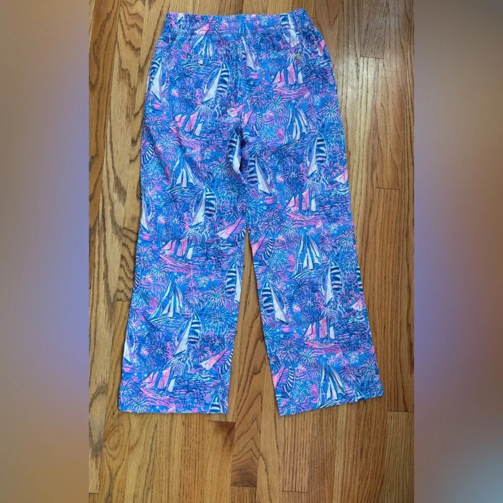 Lilly Pulitzer Deri Linen Palazzo Boca Blue Its A Sailabration XS - Picture 2 of 8